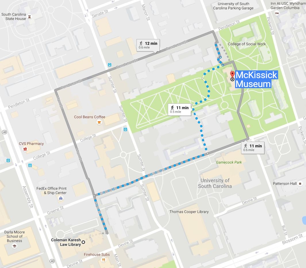 Google Maps walking directions from Coleman Karesh Law Library to McKissick Museum