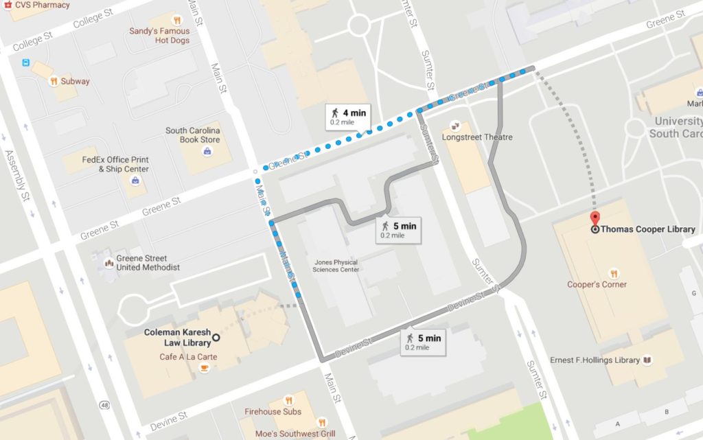 Google map showing directions from Coleman Karesh Law Library to Thomas Cooper Library