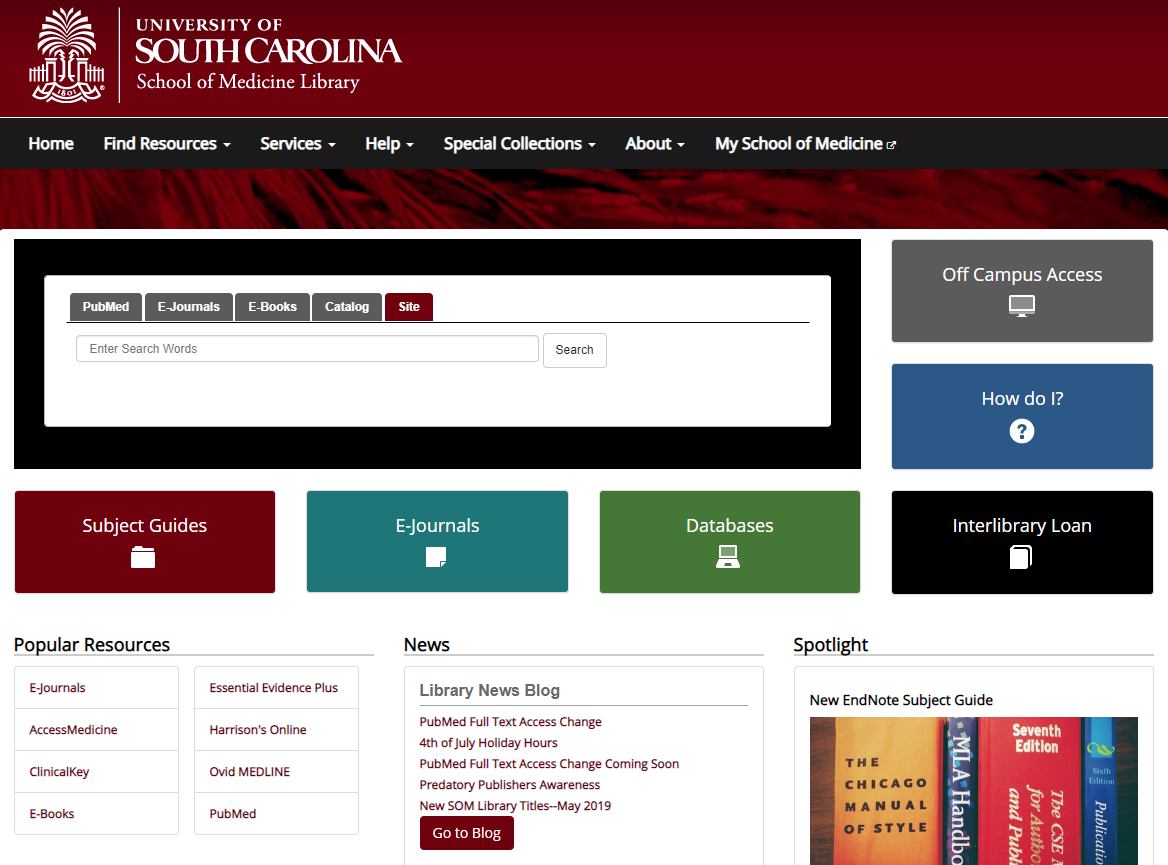 screenshot of UofSC School of Medicine Library website