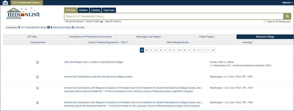 The opening menu of the Electoral College subcollection including the advanced search option.