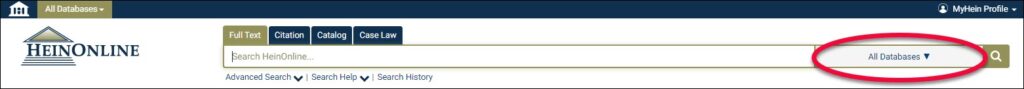 HeinOnline's search bar with the database selector at the right end of the bar circled.