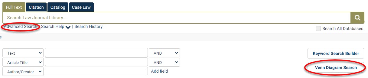 HeinOnline's search bar showing advanced search on the bottom and the Venn Diagram search button to the right.