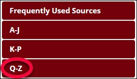 The left-side navigation pane from the Law Databases page with the option to view Q-Z circled.