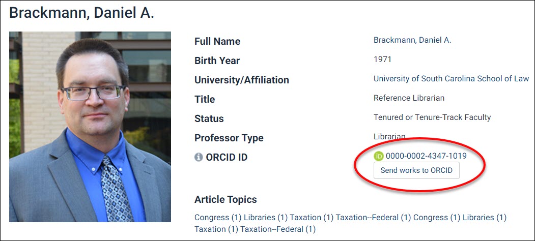 Dan Brackmann's Author Profile with the ORCID ID and upload optioncircled 