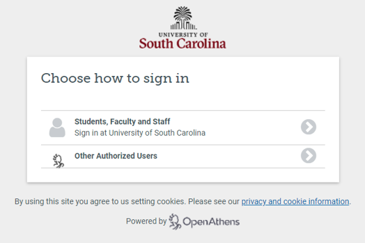 "Choose how to sign in" with a UofSC student/faculty/staff option via OpenAthens