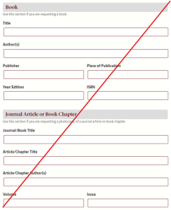 Book Request: Title, Author, etc. all blank, with a red line through the form