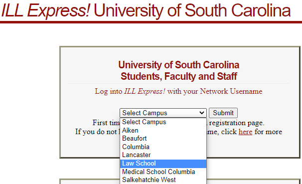 ILL Express! ...
"Select Campus" dropdown menu
Law School